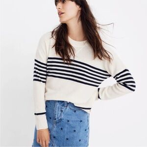 MADEWELL Cashmere Sweater in Nautical Waffle Striped Sweatshirt Cream